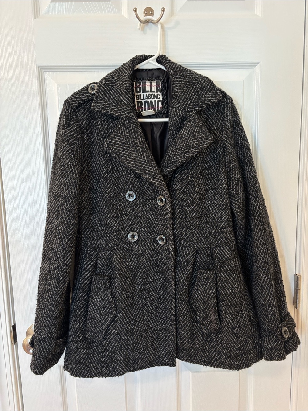 Billabong Women's Charcoal Herringbone Peacoat, Size L